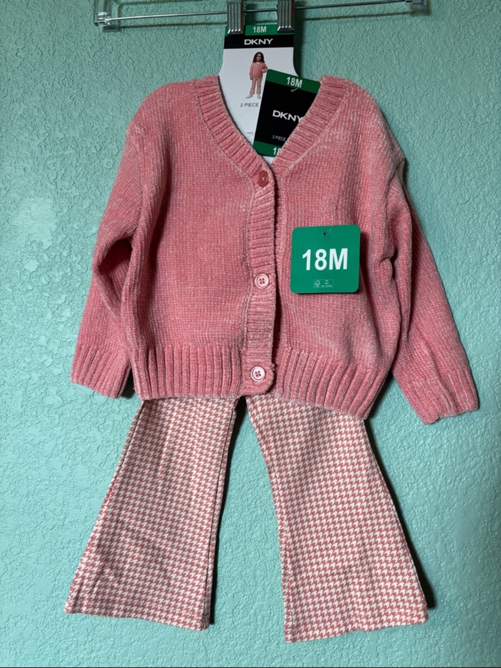 🆕 DKNY pink 2 piece sweater and flare pants set, 18 mos - NWT